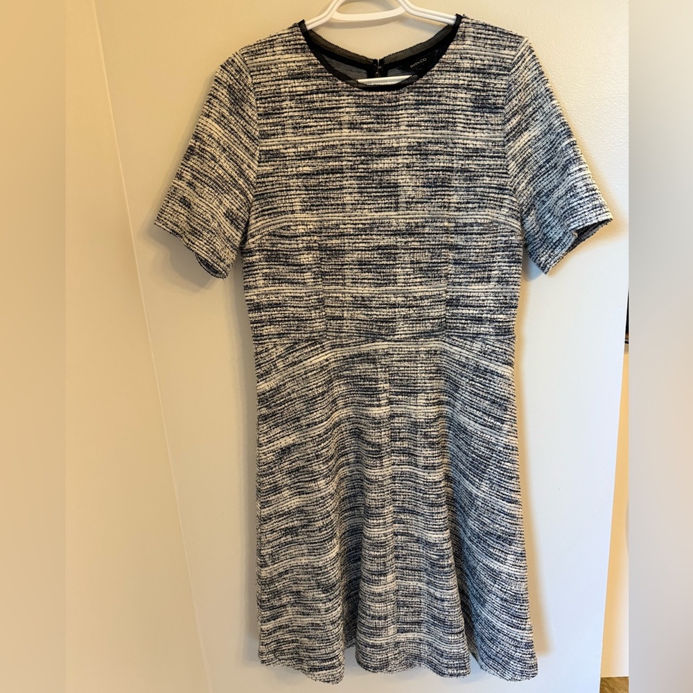 RW&CO. Black, White and Blue Textured Dress with Short Sleeves - Size L